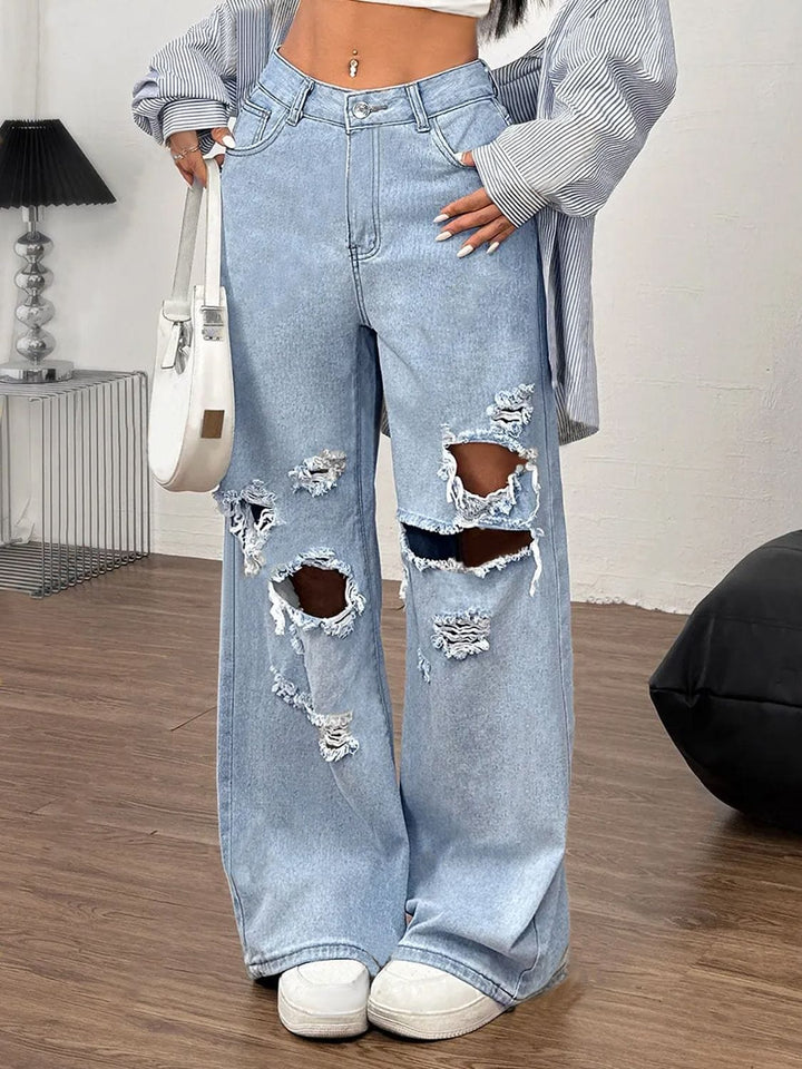 Distressed Wide - Leg Jeans with Pockets - Trendy Bottoms/Jeans in Light Denim for Women | The802Gypsy