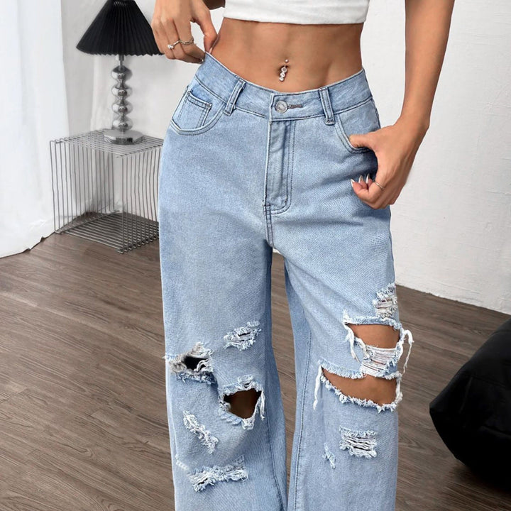 Distressed Wide - Leg Jeans with Pockets - Trendy Bottoms/Jeans in Light Denim for Women | The802Gypsy
