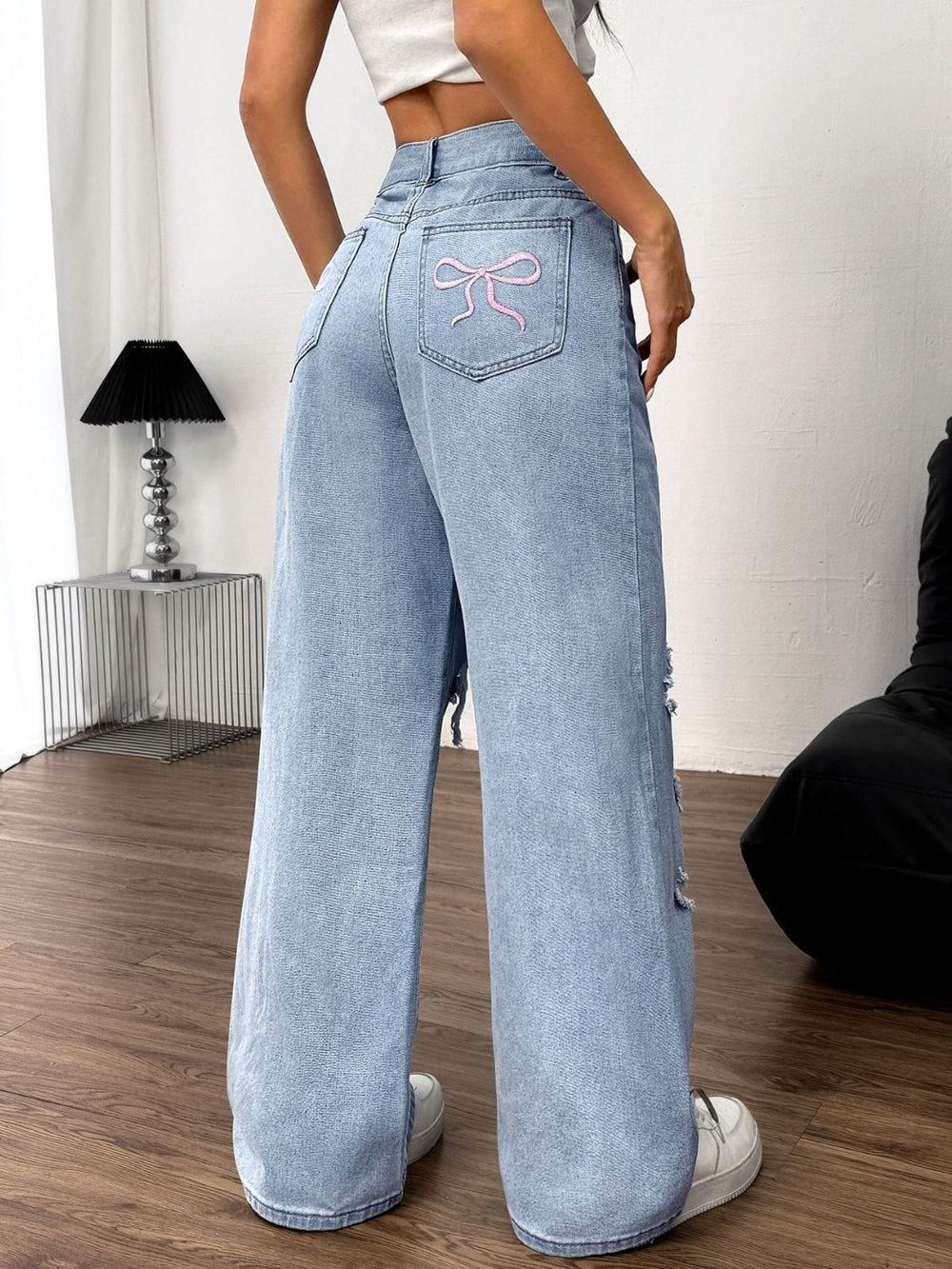 Distressed Wide - Leg Jeans with Pockets - Trendy Bottoms/Jeans in Light Denim for Women | The802Gypsy