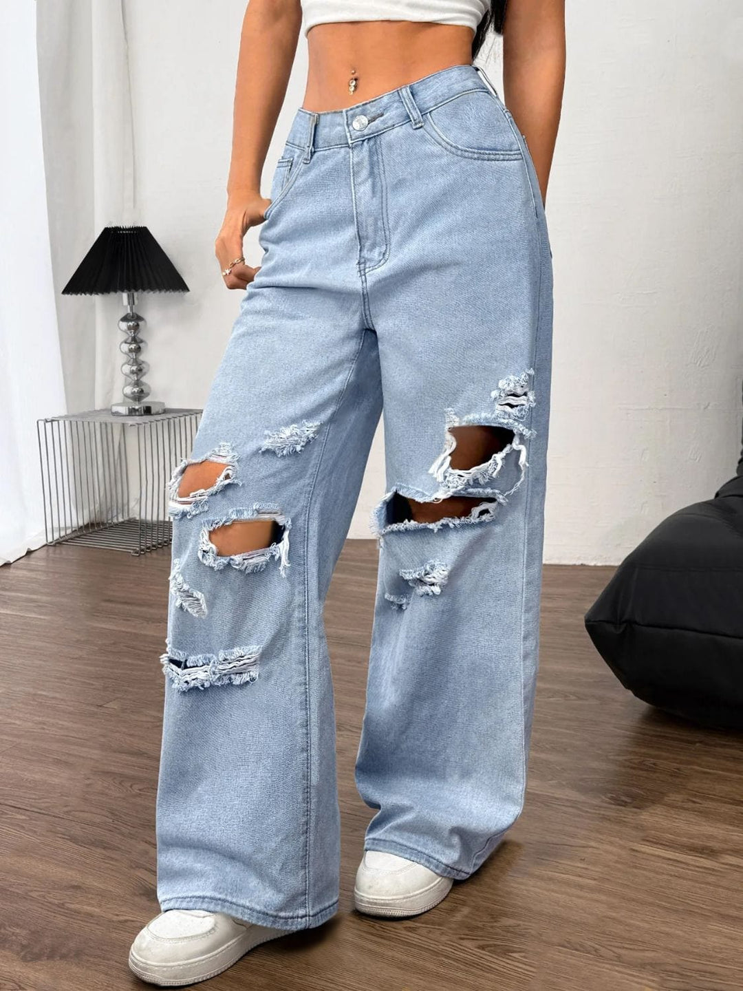 Distressed Wide - Leg Jeans with Pockets - Trendy Bottoms/Jeans in Light Denim for Women | The802Gypsy