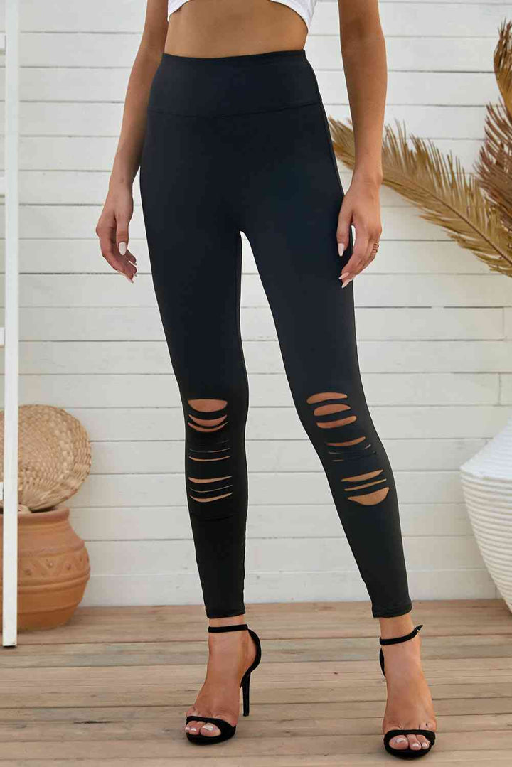Double Take - Wide Waistband Distressed Slim Fit Leggings - Trendy Bottoms/Leggings in Black for Women | The802Gypsy