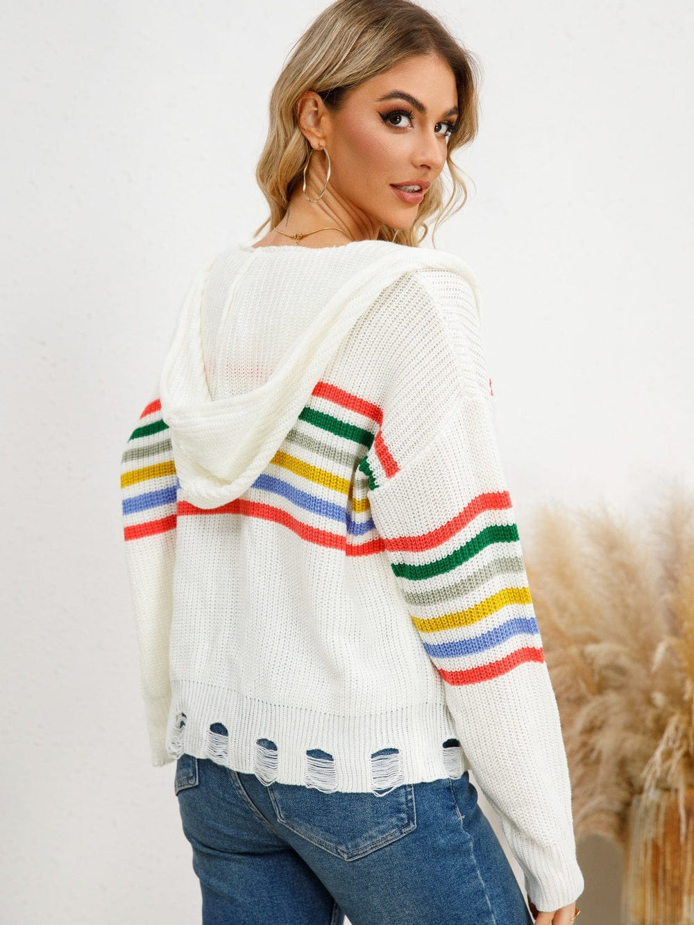 Drawstring Striped Hooded Cardigan - Trendy Sweaters & Cardigans/Cardigans in White for Women | The802Gypsy
