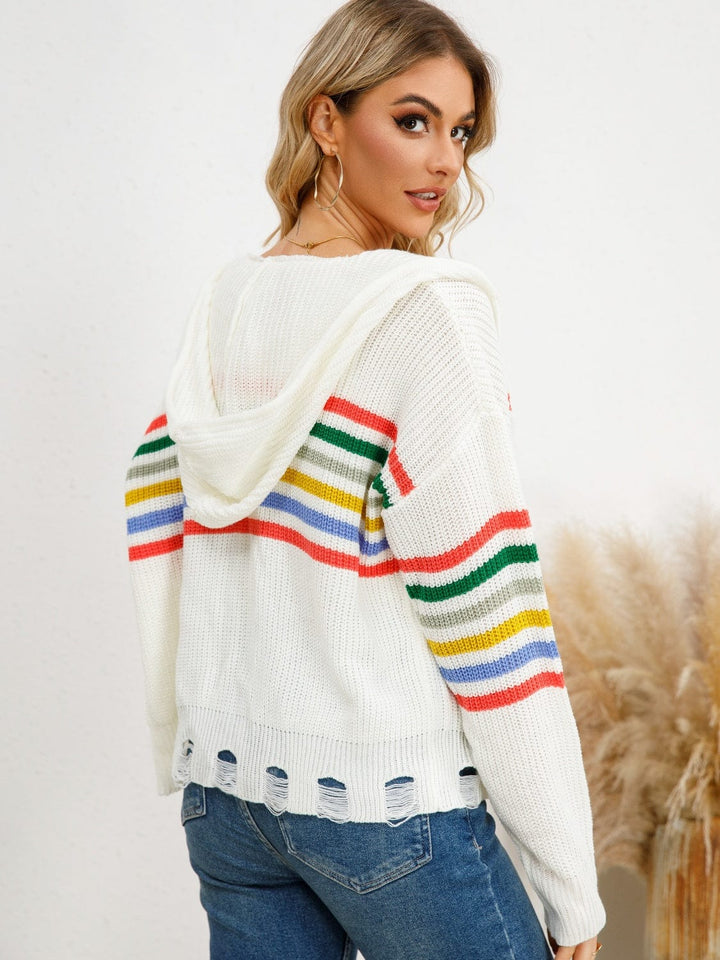 Drawstring Striped Hooded Cardigan - Trendy Sweaters & Cardigans/Cardigans in White for Women | The802Gypsy