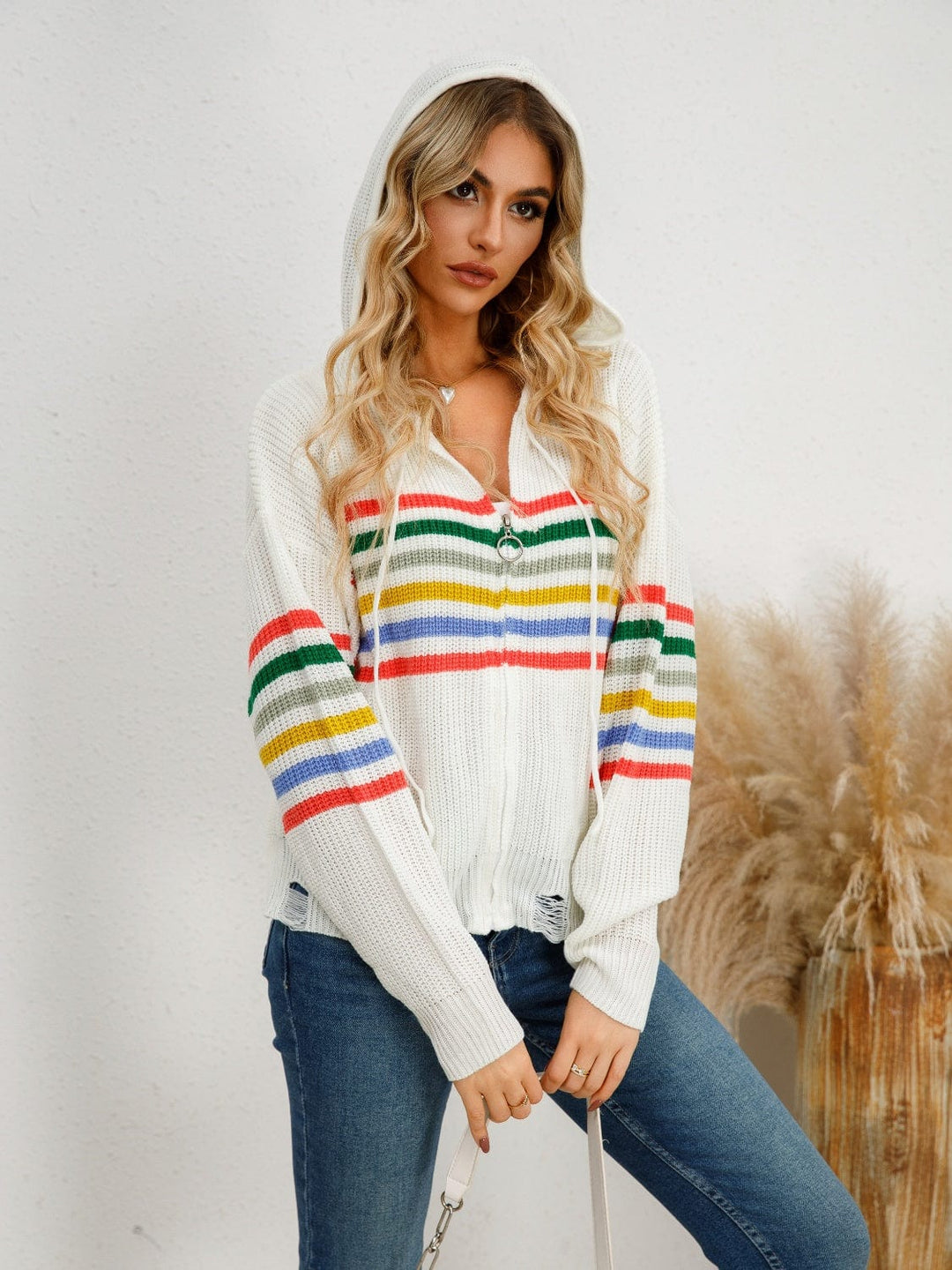 Drawstring Striped Hooded Cardigan - Trendy Sweaters & Cardigans/Cardigans in White for Women | The802Gypsy