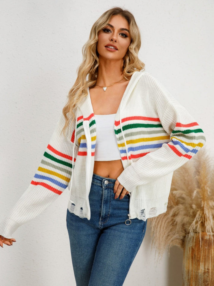 Drawstring Striped Hooded Cardigan - Trendy Sweaters & Cardigans/Cardigans in White for Women | The802Gypsy