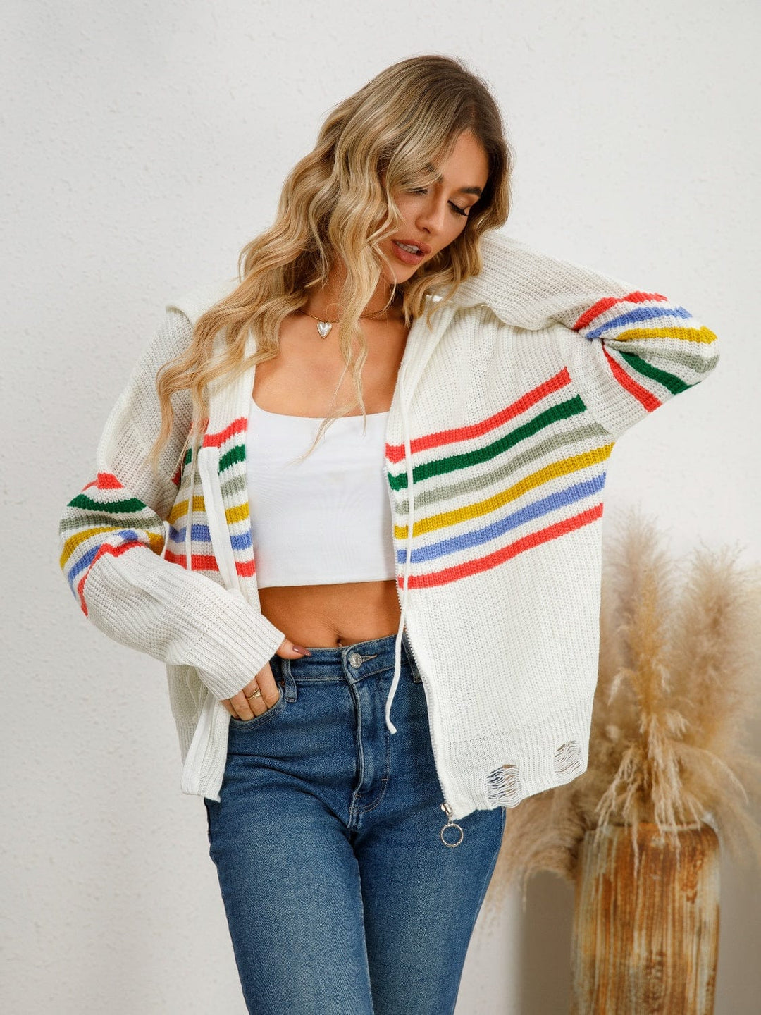 Drawstring Striped Hooded Cardigan - Trendy Sweaters & Cardigans/Cardigans in White for Women | The802Gypsy