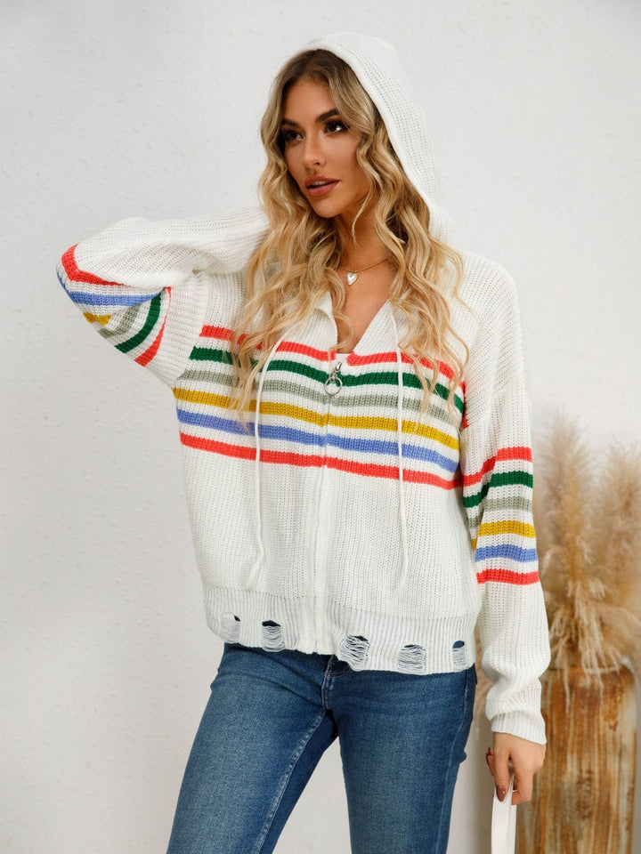 Drawstring Striped Hooded Cardigan - Trendy Sweaters & Cardigans/Cardigans in White for Women | The802Gypsy
