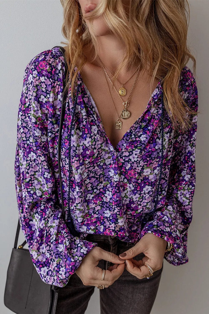 Floral Tie Neck Blouse - Trendy Tops/Blouses & Shirts in Purple for Women | The802Gypsy