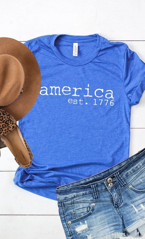 America Est 1776 Patriotic Plus Size Graphic Tee - Trendy shirts and tops in Heather Royal Blue for Women | The802Gypsy
