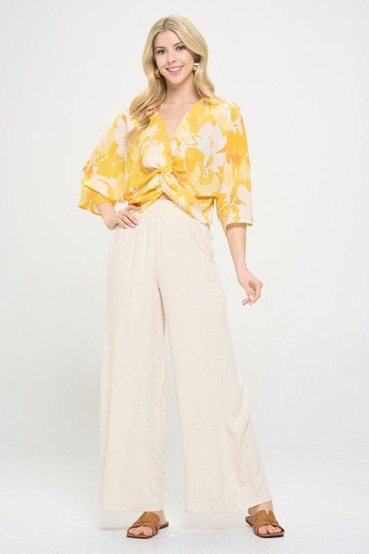 Floral Mid - Sleeve Blouse With Front Twist - Trendy shirts and tops in YELLOW for Women | The802Gypsy