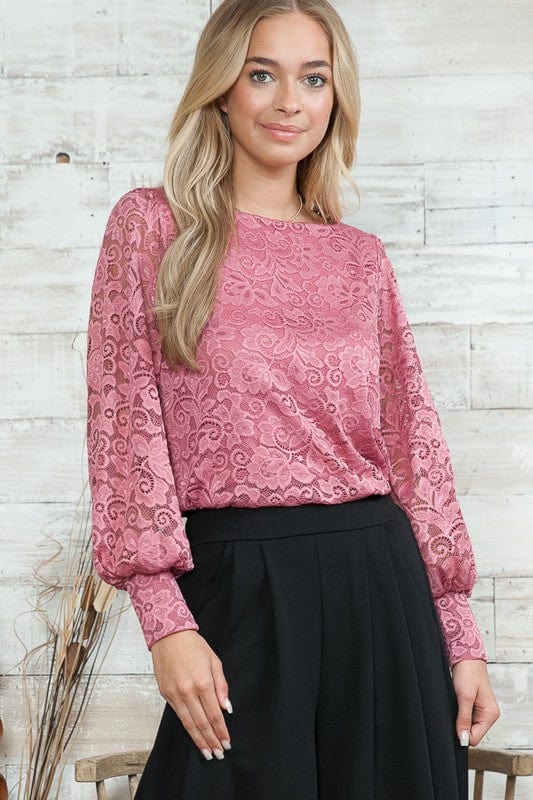 Lace Long Sleeve Blouse - Trendy shirts and tops in MAUVE PINK for Women | The802Gypsy