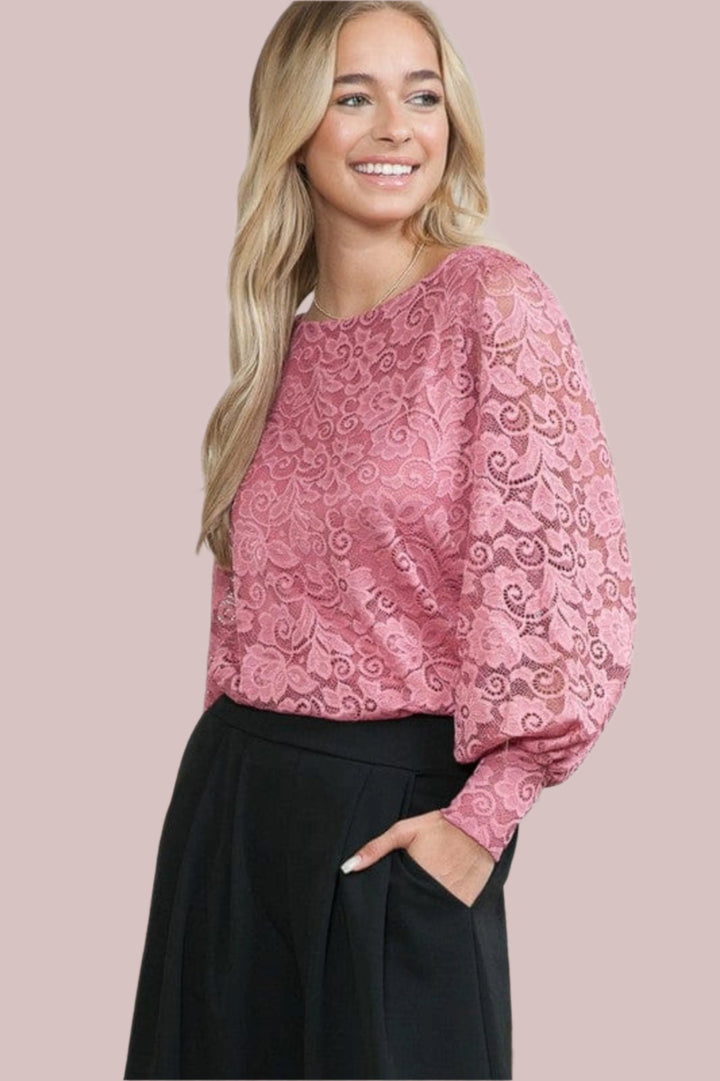Lace Long Sleeve Blouse - Trendy shirts and tops in MAUVE PINK for Women | The802Gypsy