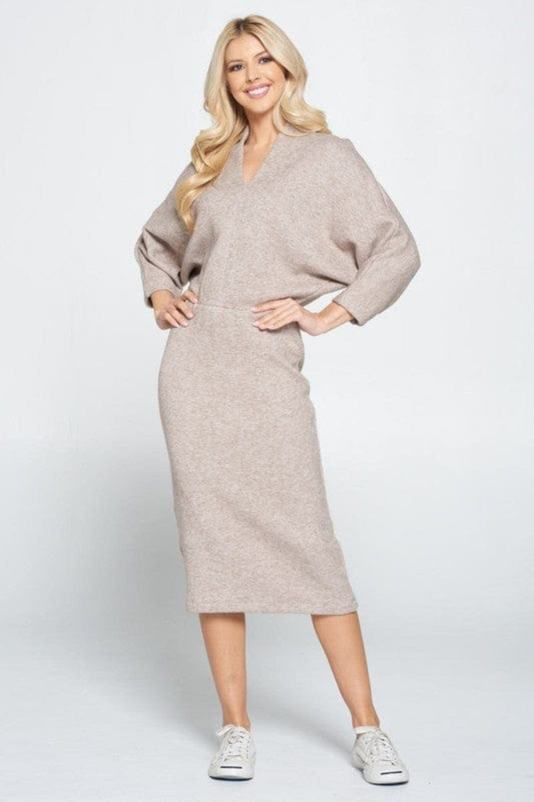Sweater Knit Midi Dress - Trendy DRESSES/SWEATER DRESS in TAN for Women | The802Gypsy