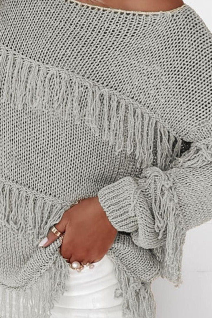 Fringe Boat Neck Long Sleeve Sweater - Trendy Sweaters & Cardigans/Sweater in Gray for Women | The802Gypsy