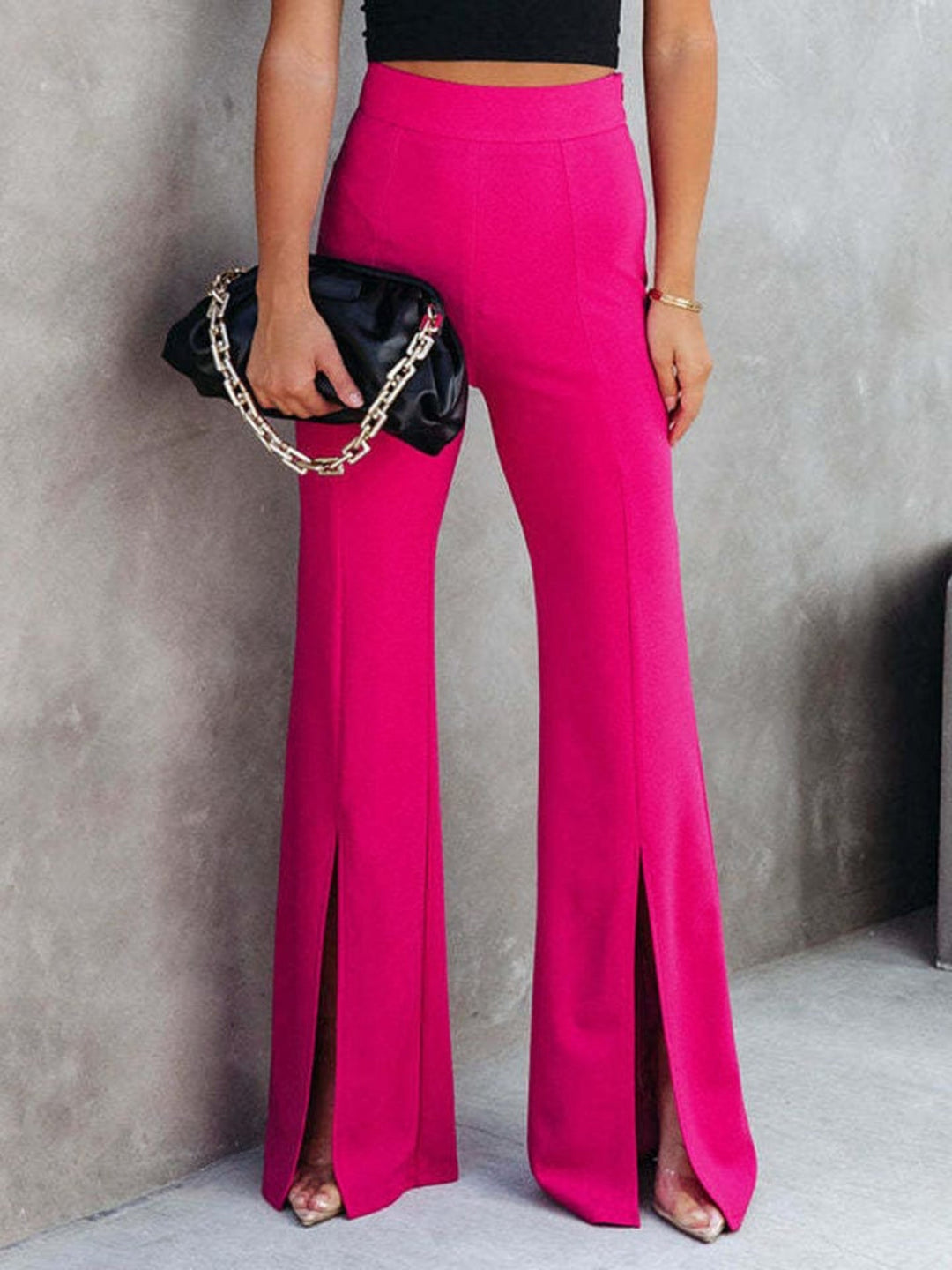 Front Slit Flare Leg Pants - Trendy Bottoms/Pants & Culotte in Hot Pink for Women | The802Gypsy