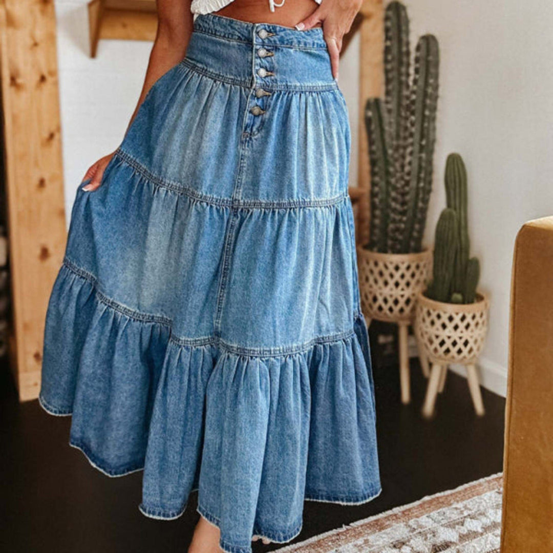 Boho - Chic A - Line Layered Denim Skirt - Trendy Bottoms/Skirts in Medium Denim for Women | The802Gypsy