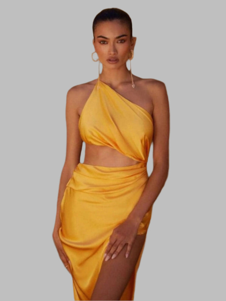 Elegant Backless Draped Evening Dress - Trendy Dresses/Evening Dresses in Yellow for Women | The802Gypsy