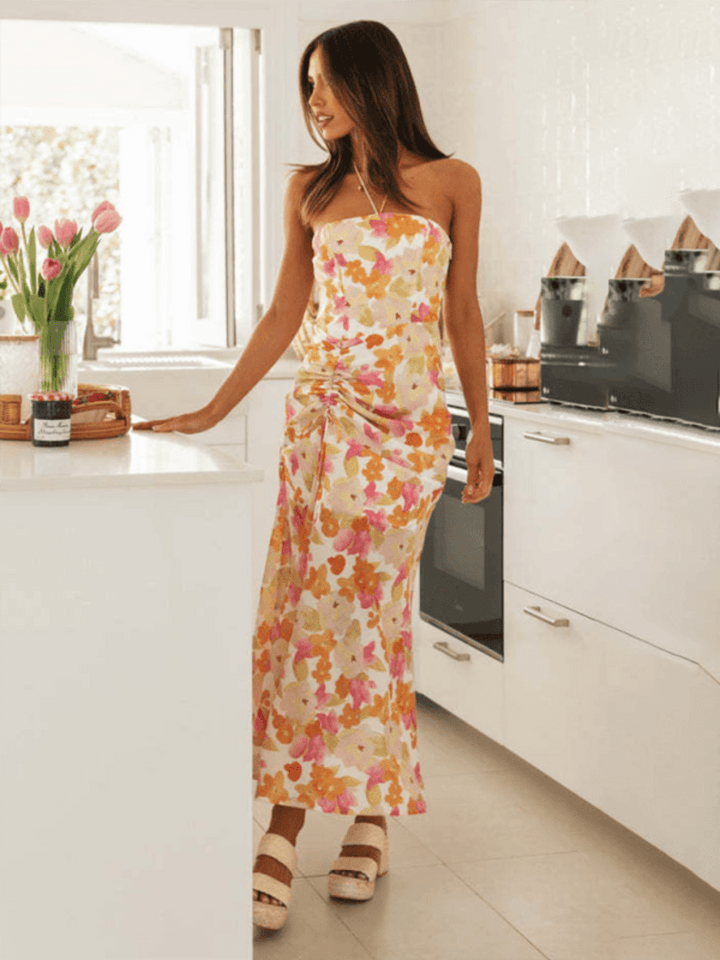 Floral Halter Neck Backless Dress - Trendy Dress/floral in Orange for Women | The802Gypsy