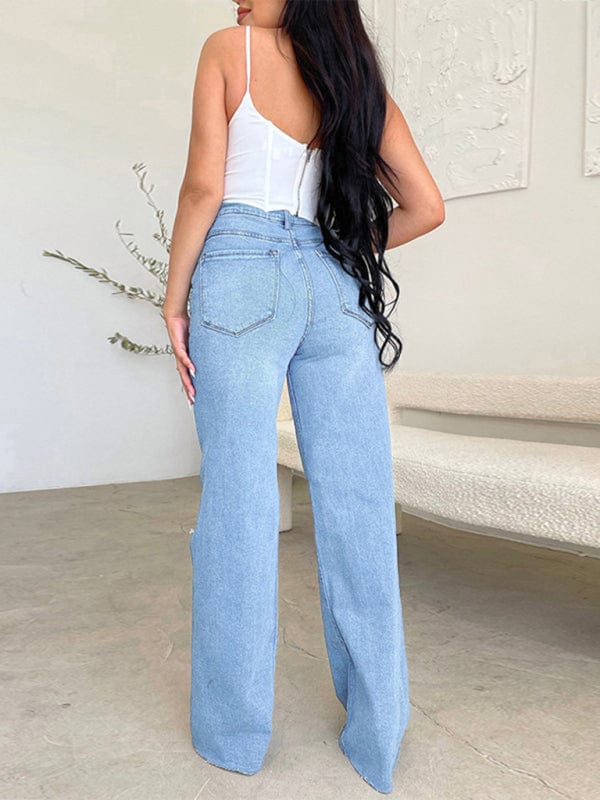 High Waist Ripped Wide Leg Jeans - Trendy Bottoms/Jeans in Light DENIM for Women | The802Gypsy