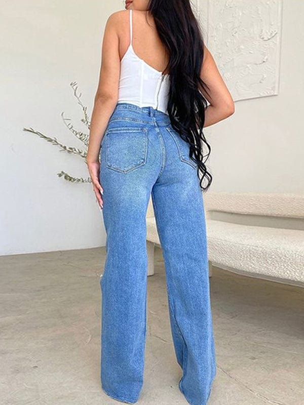 High Waist Ripped Wide Leg Jeans - Trendy Bottoms/Jeans in Dark DENIM for Women | The802Gypsy