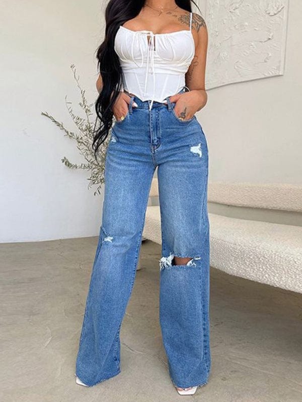 High Waist Ripped Wide Leg Jeans - Trendy Bottoms/Jeans in Dark DENIM for Women | The802Gypsy