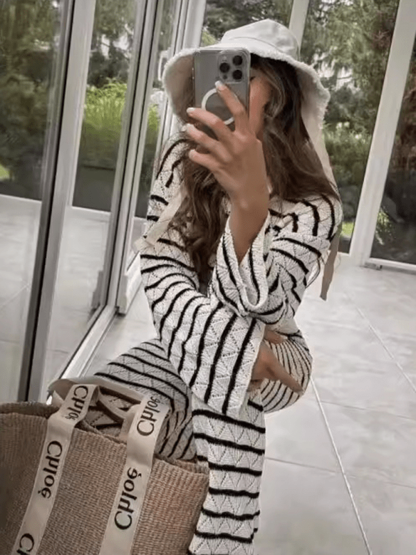 Knit Long Sleeve Top and Flared Pants Set - Trendy Loungewear & Sleepwear/Loungewear in Stripe for Women | The802Gypsy