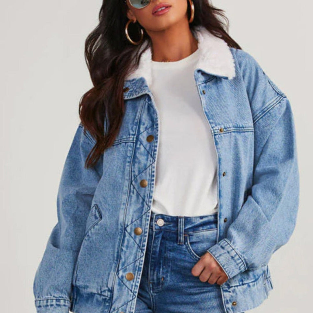 Loose Fur Collar Denim Jacket - Trendy coats and jackets/Denim Jacket in Medium Denim for Women | The802Gypsy