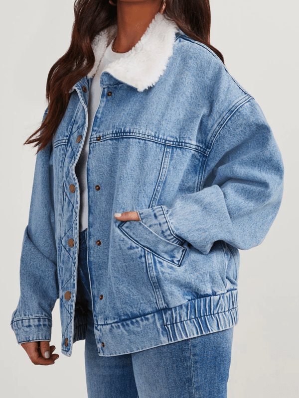 Loose Fur Collar Denim Jacket - Trendy coats and jackets/Denim Jacket in Medium Denim for Women | The802Gypsy