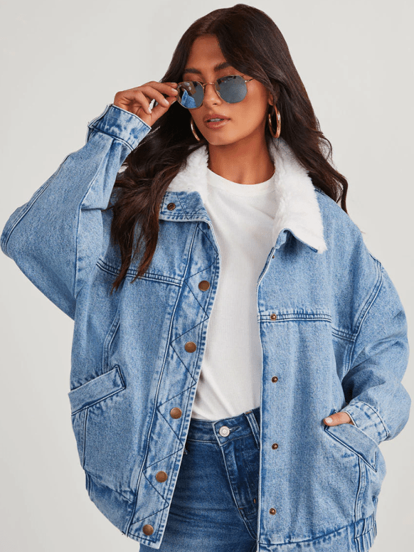 Loose Fur Collar Denim Jacket - Trendy coats and jackets/Denim Jacket in Medium Denim for Women | The802Gypsy