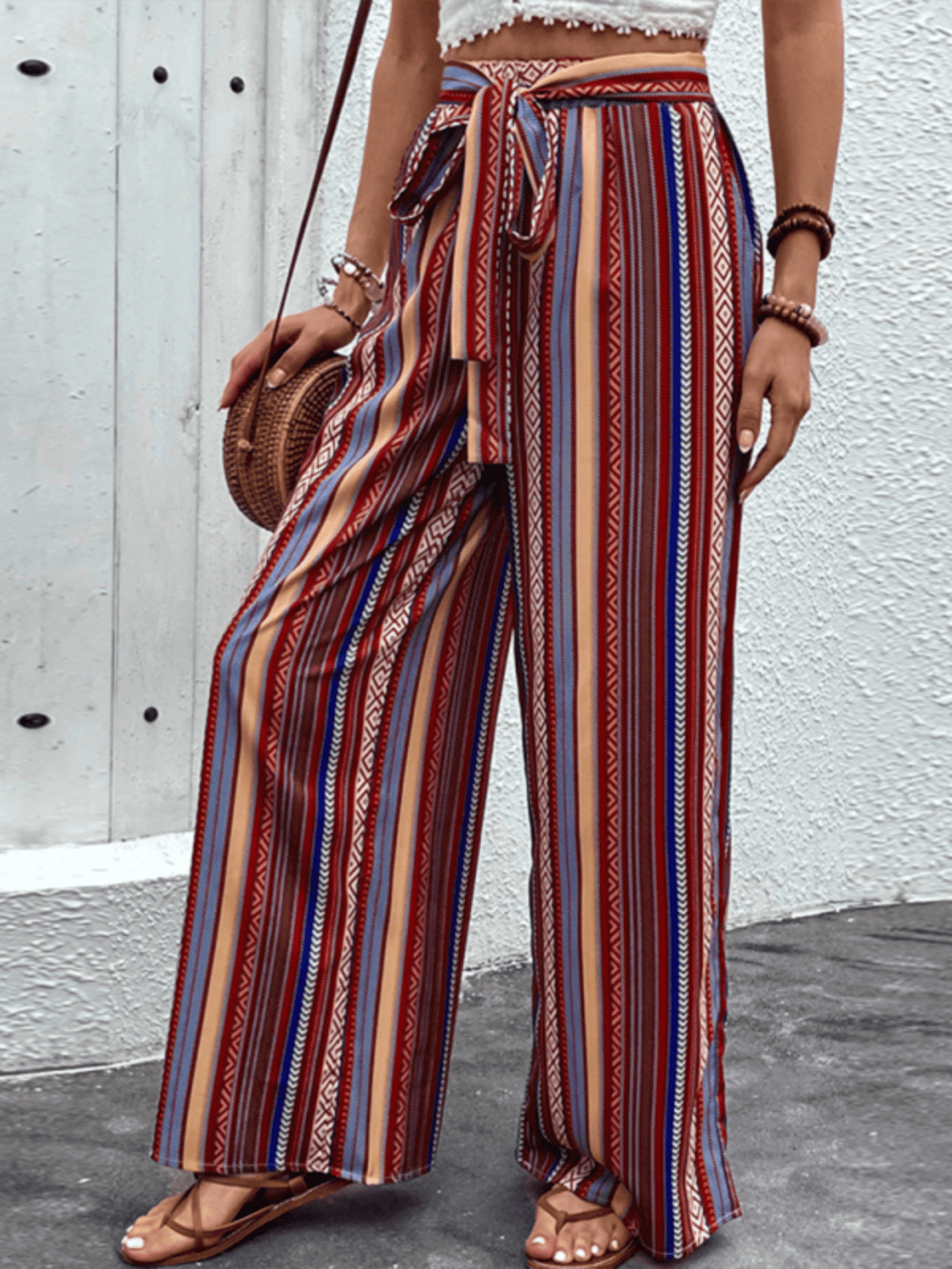Loose Striped High Waist Elastic Wide Leg Pants - Trendy Bottoms/Pants & Culotte in Red Wine for Women | The802Gypsy