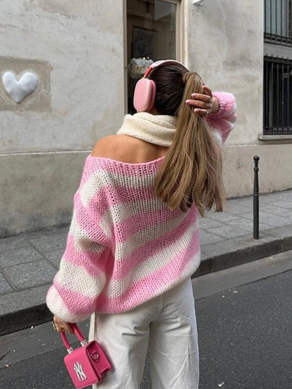 Striped Loose Lazy Sweater - Trendy Sweaters & Cardigans/Sweater in Pink for Women | The802Gypsy