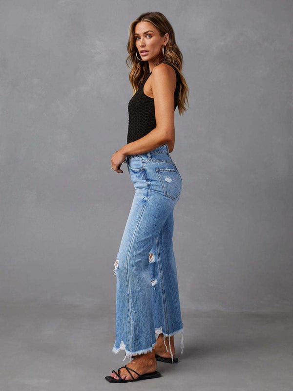 Washed Ripped Wide Leg Jeans - Trendy Bottoms/Jeans in medium denim for Women | The802Gypsy