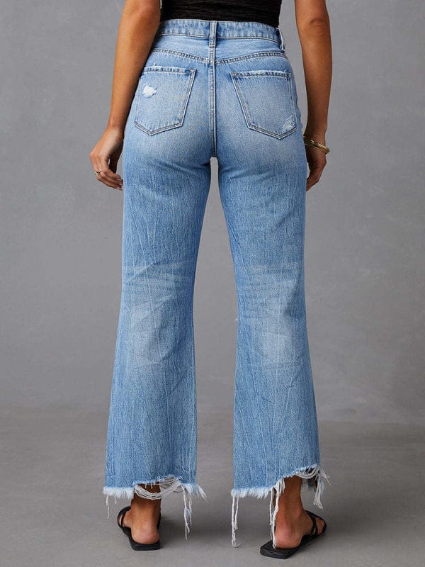 Washed Ripped Wide Leg Jeans - Trendy Bottoms/Jeans in medium denim for Women | The802Gypsy