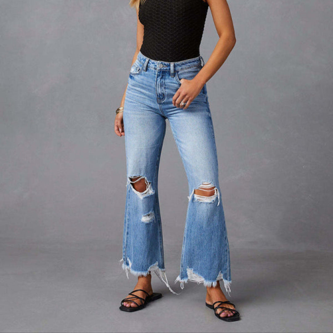 Washed Ripped Wide Leg Jeans - Trendy Bottoms/Jeans in medium denim for Women | The802Gypsy