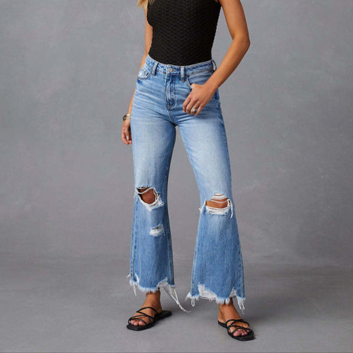 Washed Ripped Wide Leg Jeans - Trendy Bottoms/Jeans in medium denim for Women | The802Gypsy