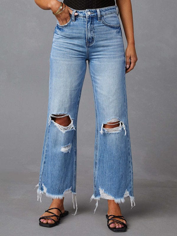 Washed Ripped Wide Leg Jeans - Trendy Bottoms/Jeans in medium denim for Women | The802Gypsy
