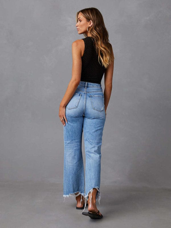 Washed Ripped Wide Leg Jeans - Trendy Bottoms/Jeans in medium denim for Women | The802Gypsy
