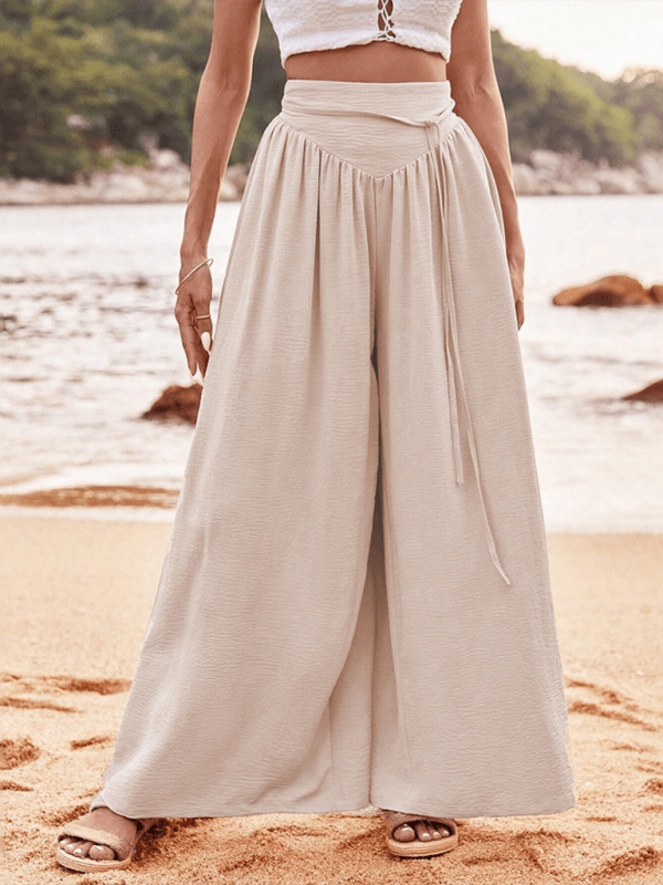 Wide - Leg Elastic Waist Flared Trousers - Trendy Bottoms/Pants & Culotte in Khaki for Women | The802Gypsy