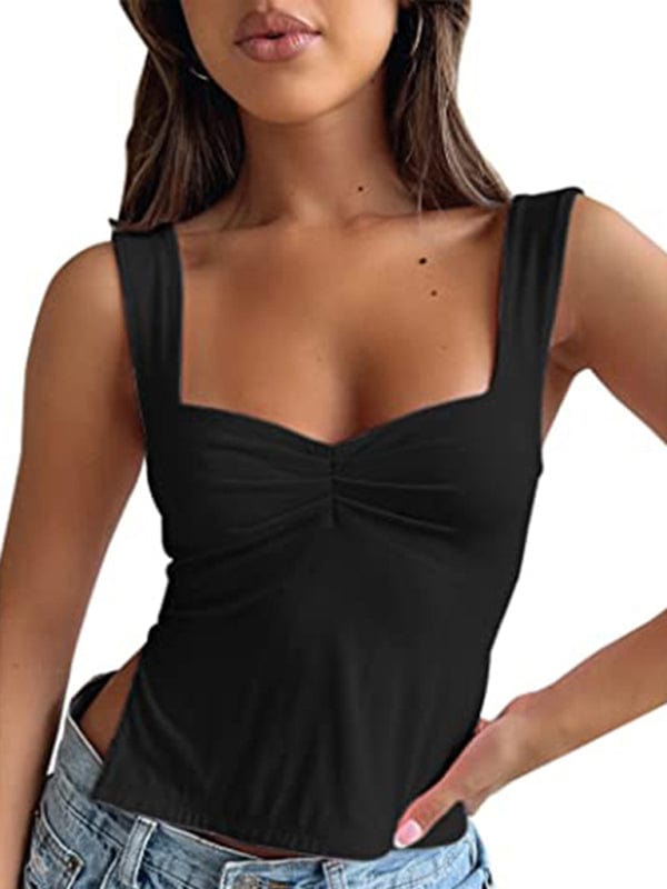 Wide Straps Pleated Tank Top - Trendy Tops/Tank Tops in Black for Women | The802Gypsy