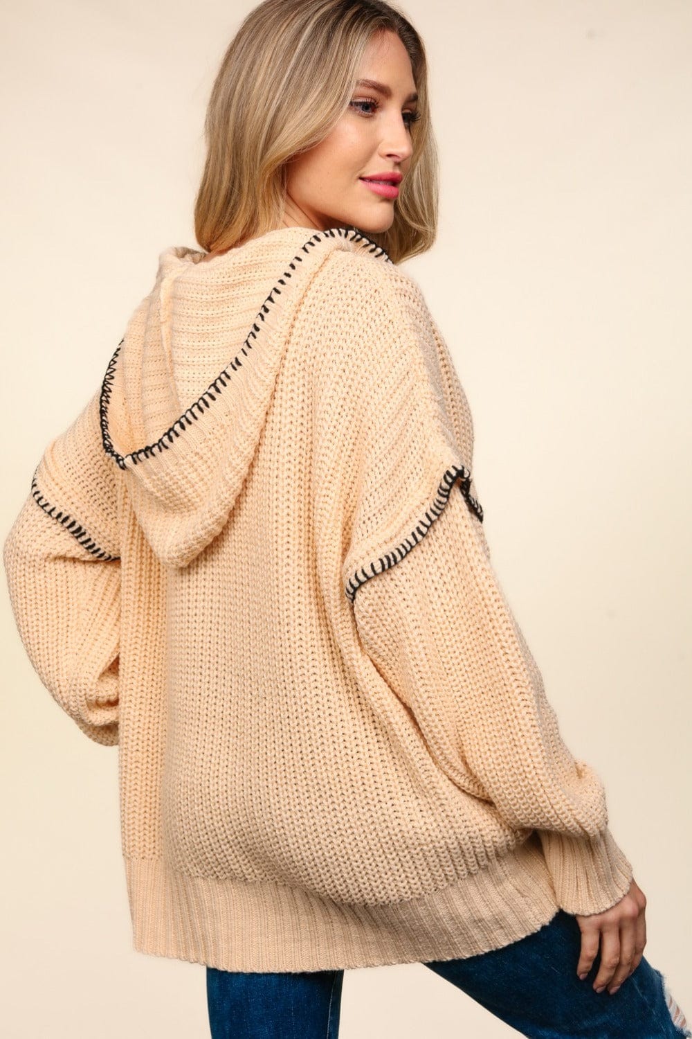 Contrast Stitching Long Sleeve Hooded Sweater - Trendy Sweaters & Cardigans/Sweater in Oatmeal Tan for Women | The802Gypsy