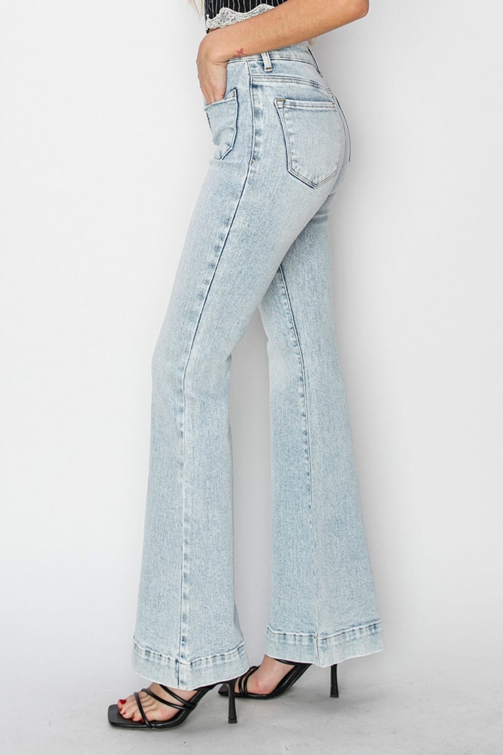 High - Rise Front Patch Pocket Risen Flare Jeans - Trendy Bottoms/Jeans in Light denim for Women | The802Gypsy