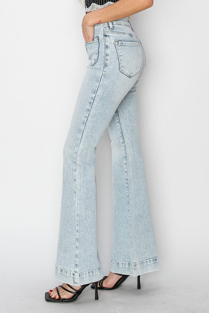 High - Rise Front Patch Pocket Risen Flare Jeans - Trendy Bottoms/Jeans in Light denim for Women | The802Gypsy