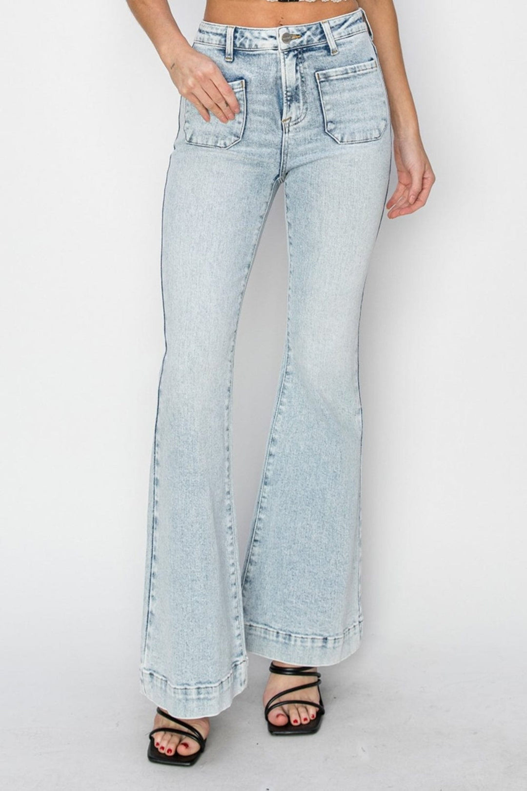 High - Rise Front Patch Pocket Risen Flare Jeans - Trendy Bottoms/Jeans in Light denim for Women | The802Gypsy