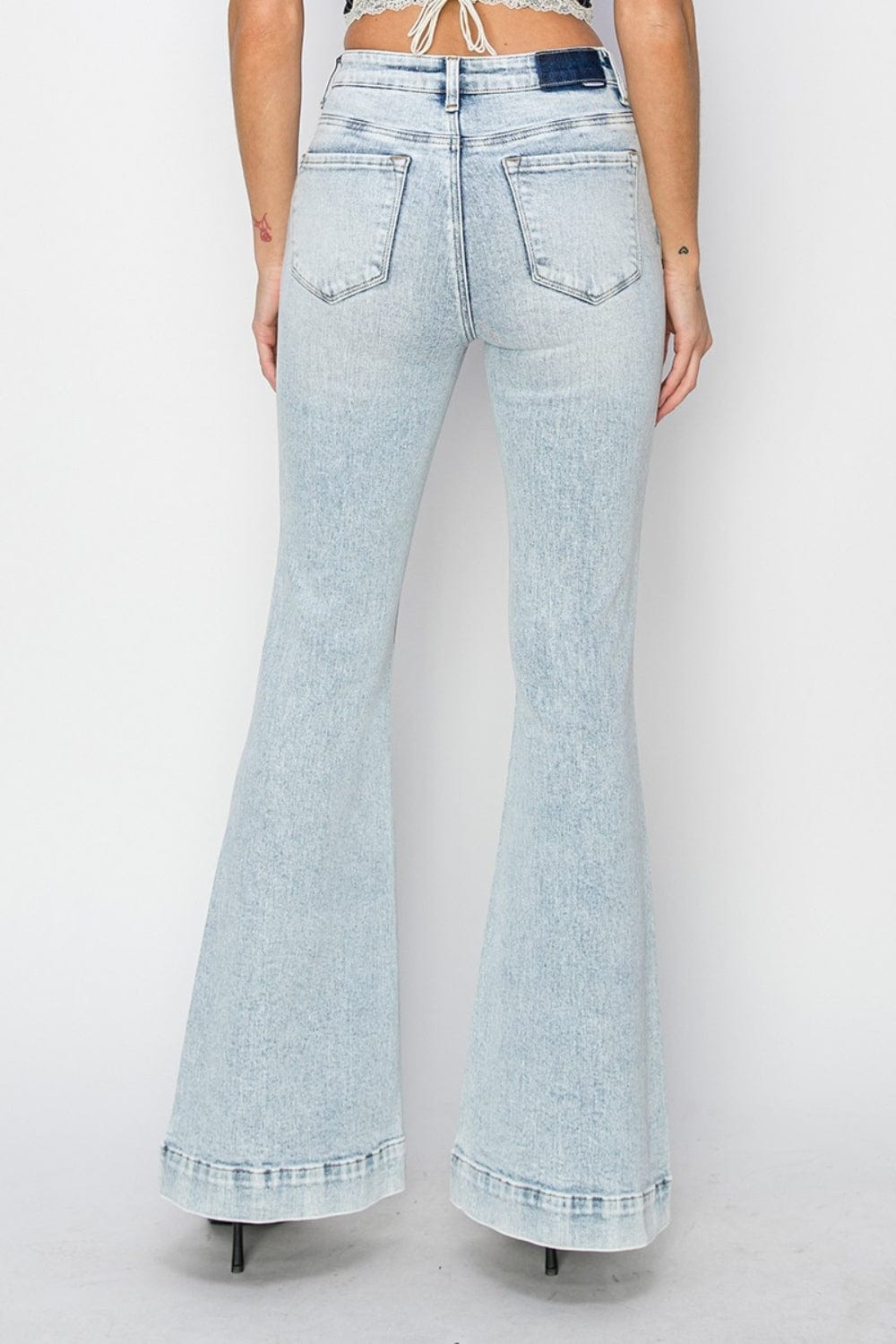 High - Rise Front Patch Pocket Risen Flare Jeans - Trendy Bottoms/Jeans in Light denim for Women | The802Gypsy