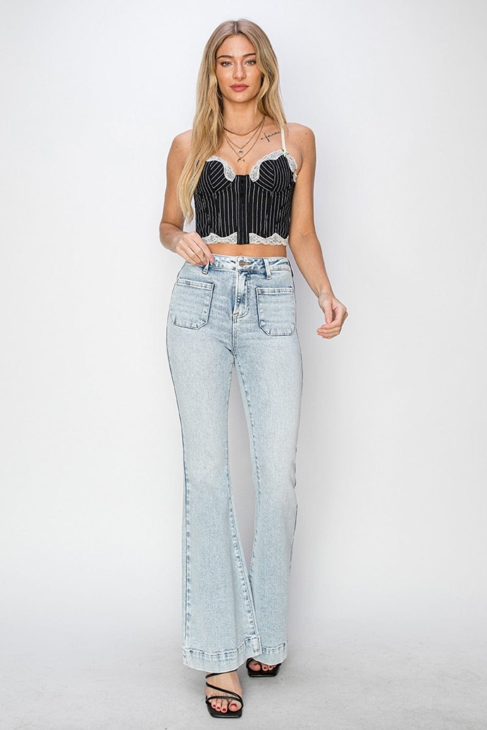 High - Rise Front Patch Pocket Risen Flare Jeans - Trendy Bottoms/Jeans in Light denim for Women | The802Gypsy