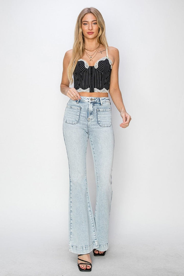 High - Rise Front Patch Pocket Risen Flare Jeans - Trendy Bottoms/Jeans in Light denim for Women | The802Gypsy