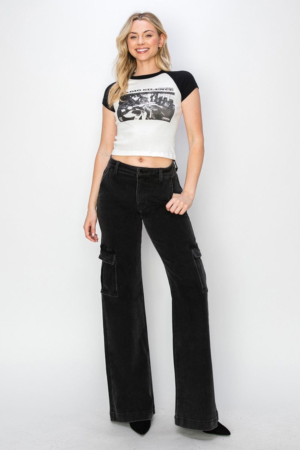 High - Rise Wide - Leg Risen Cargo Jeans - Trendy Bottoms/Jeans in Black for Women | The802Gypsy