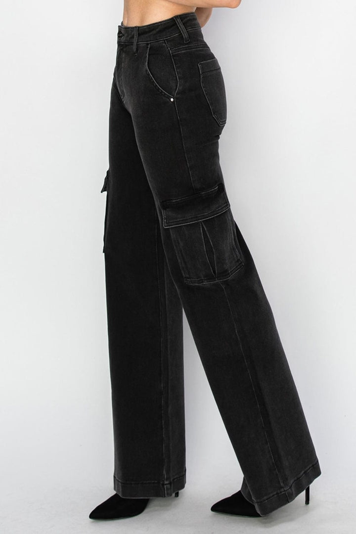 High - Rise Wide - Leg Risen Cargo Jeans - Trendy Bottoms/Jeans in Black for Women | The802Gypsy