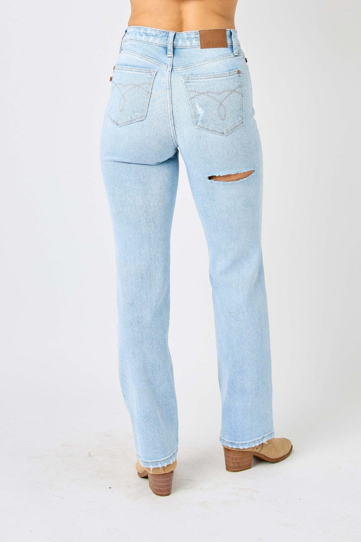 Judy Blue High Waist Distressed Straight Jeans - Trendy Bottoms/Jeans in Light Denim for Women | The802Gypsy