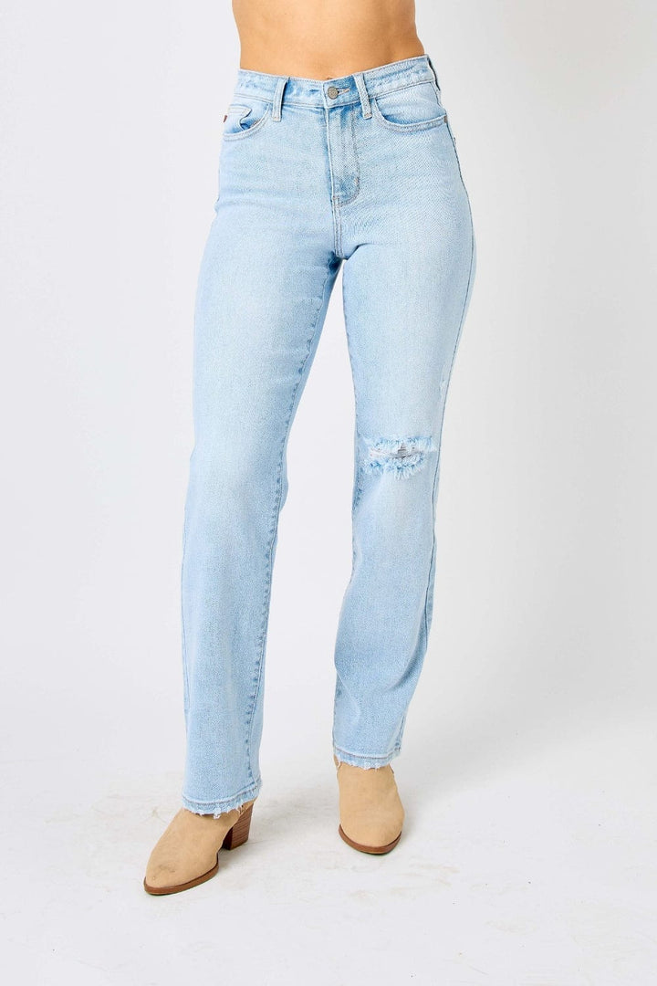 Judy Blue High Waist Distressed Straight Jeans - Trendy Bottoms/Jeans in Light Denim for Women | The802Gypsy